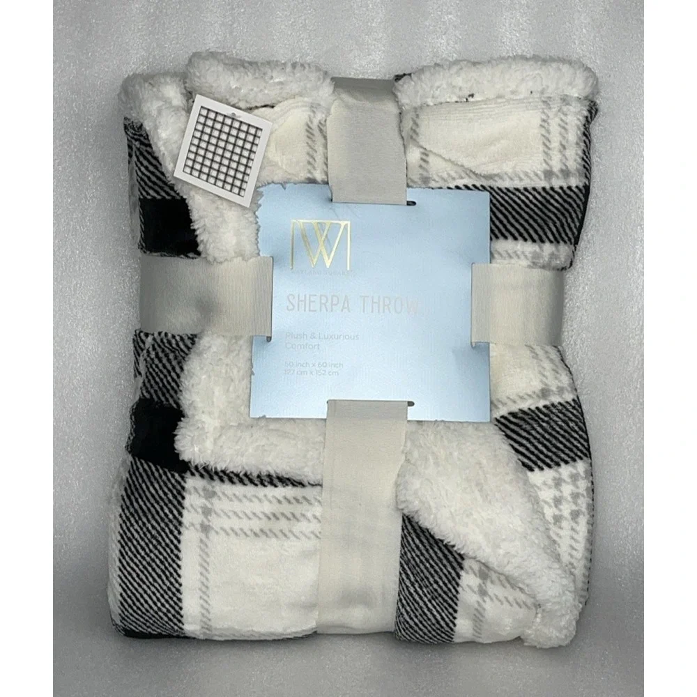 Wayland Sherpa Throw Plush Blanket Warm Soft Luxury Black White Plaid 50x60